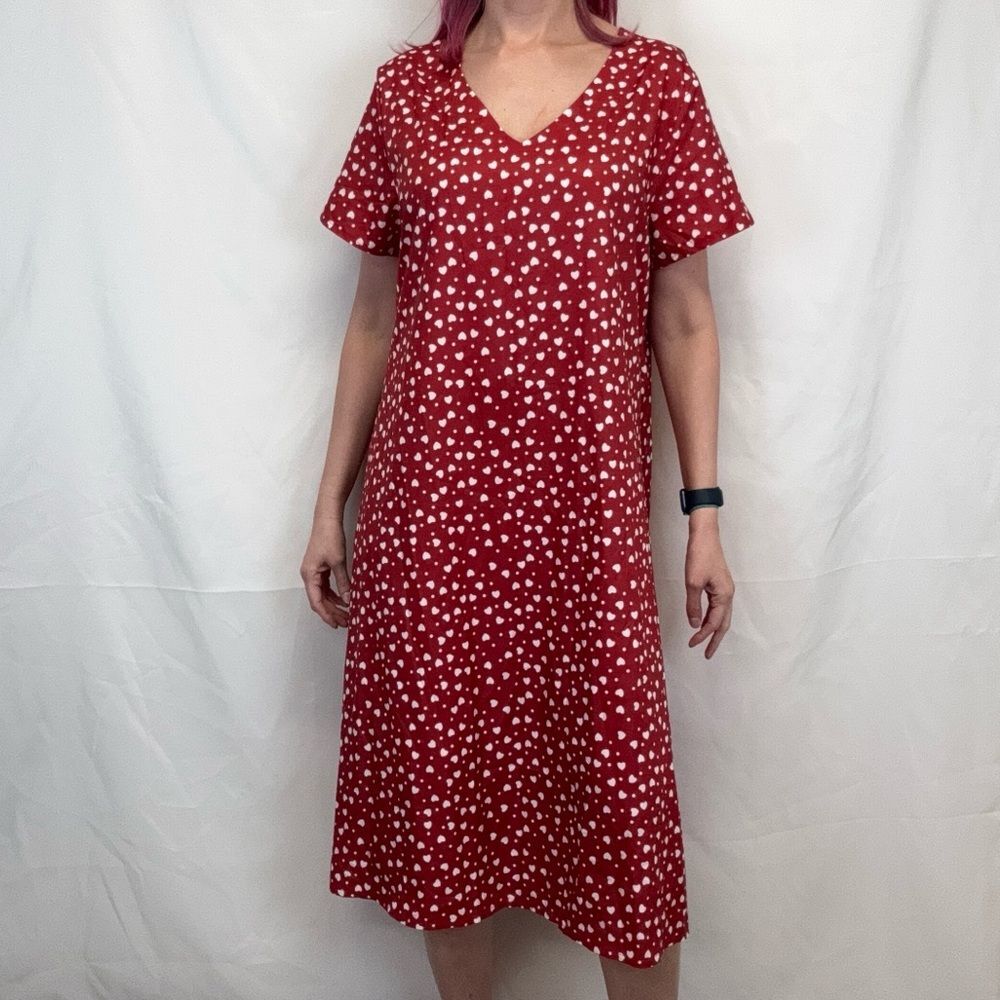Women's Heart Print Midi Dress Red White A Line V Neck Romantic XL